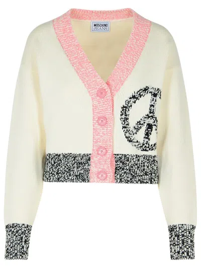 Moschino Jeans White Cotton Blend Cardigan In White