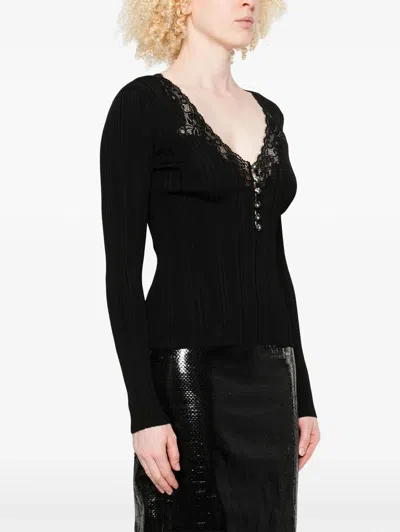 Self-portrait Black Lace Trim Knit Top Tops Black In Black