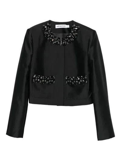 Self-portrait Black Taffeta Embellished Trim Jacket Clothing In Black