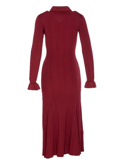 Self-portrait Fitted Ribbed Maxi Dress With Classic Collar In Red