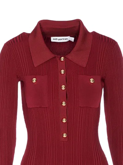 Self-portrait Fitted Ribbed Maxi Dress With Classic Collar In Red