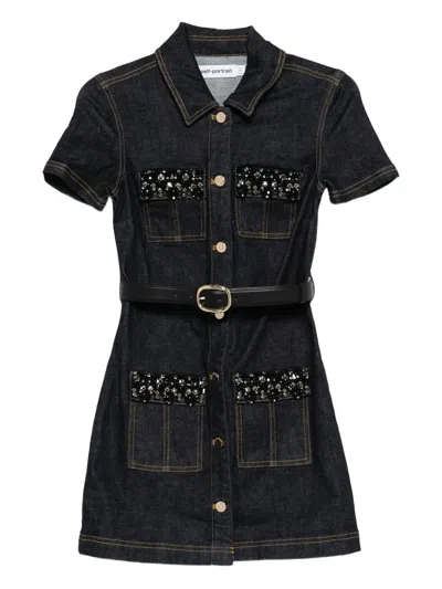 Self-portrait Womens Blue Crystal Short-sleeves Stretch-denim Blend Mini Dress In Black