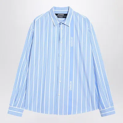 Jacquemus Simon Light Blue Shirt With All-over Stripe Motif And Logo Lettering In Cotton Man In Blue