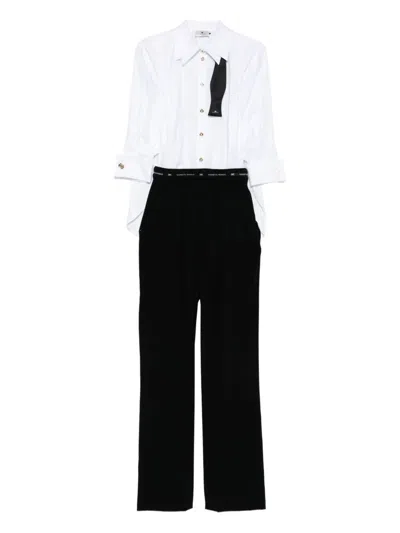 Elisabetta Franchi Striking Jumpsuit With Double Collar And Logo Ribbon Waistband In Black