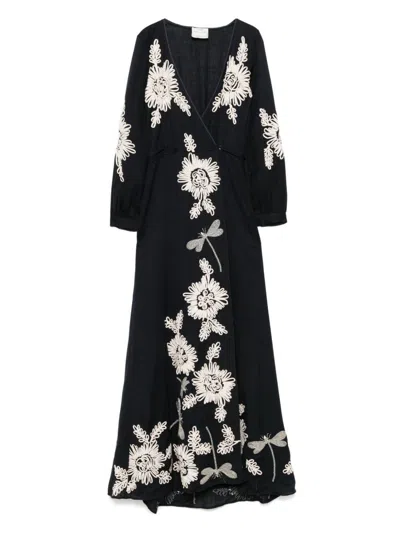 Forte Forte Wrap-style Black Maxi Dress With Floral Embroidery In Blue