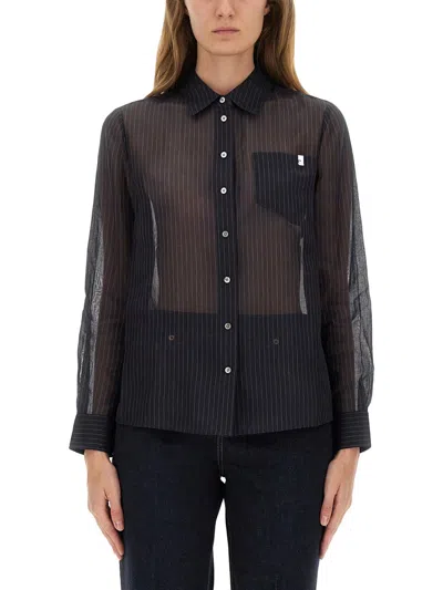 Tory Burch Vertical Stripe Cotton Shirt With Classic Collar And Chest Pocket In Black