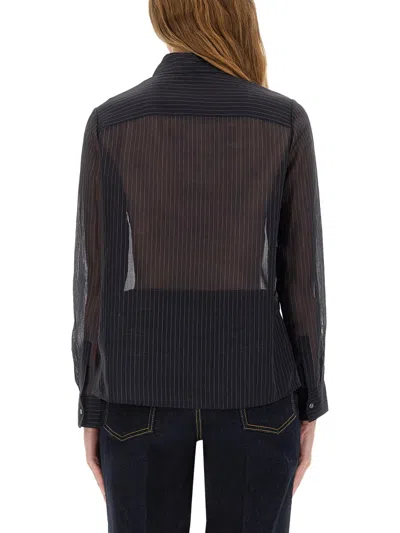 Tory Burch Vertical Stripe Cotton Shirt With Classic Collar And Chest Pocket In Black