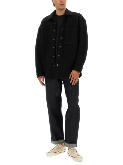 Amish Relaxed Fit Wool Blend Overshirt With Classic Collar In Black