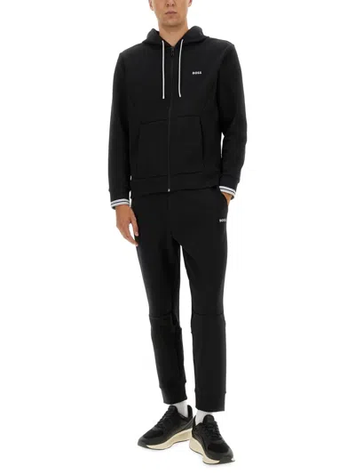 Hugo Boss Boss Structured Zipper Hoodie In Black