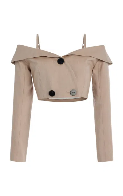 Matthew Bruch Off-the-shoulder Double-breasted Cotton-flannel Top In Brown