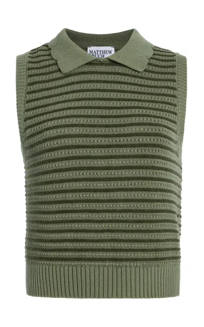 Matthew Bruch Striped Cotton-blend Knit Collared Tank Top In Green