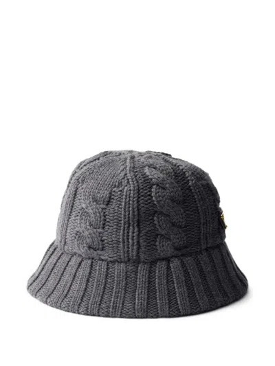 Prada Cable-knit Logo Bucket Hat In Gray