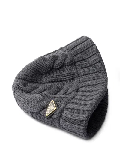 Prada Cable-knit Logo Bucket Hat In Gray