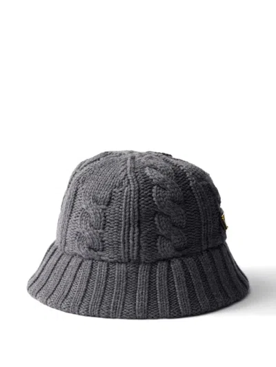Prada Cable-knit Logo Bucket Hat In Gray