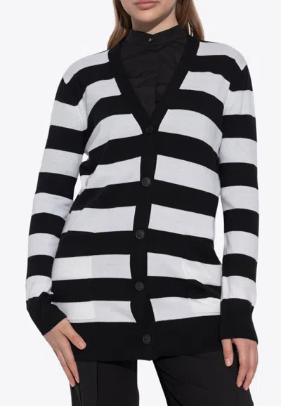 Max Mara Bold Black And White Striped V-neck Sweater With Button-down Front In Gray