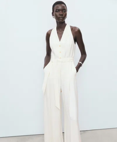 Mango Sleeveless Tie Waist Jumpsuit In Sand