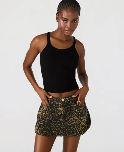 Steve Madden Simona Leopard Print Denim Miniskirt In Brown