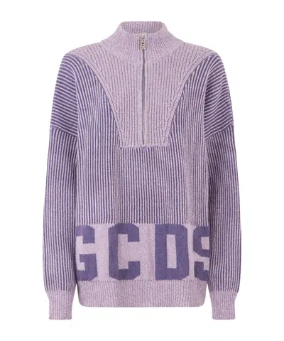 Gcds Ribbed Low Logo Half Zip Sweater In Purple