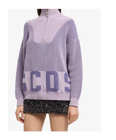 Gcds Ribbed Low Logo Half Zip Sweater In Purple