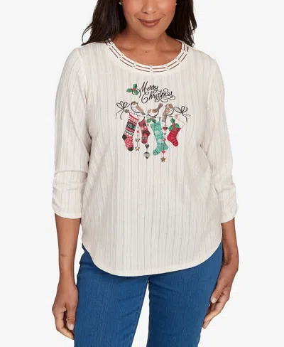 Alfred Dunner Women's Classic Holiday Stockings Print Gathered Sleeve Top In White