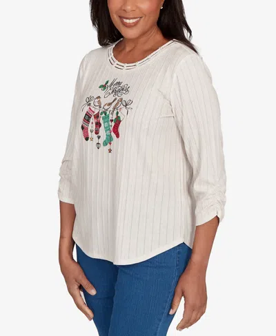 Alfred Dunner Women's Classic Holiday Stockings Print Gathered Sleeve Top In White