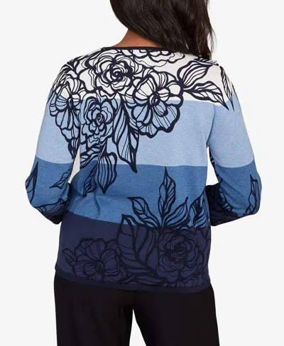Alfred Dunner Women's Classic Ombre Floral Block Stripe Sweater In Blue