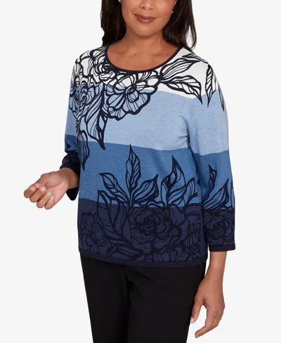 Alfred Dunner Women's Classic Ombre Floral Block Stripe Sweater In Blue