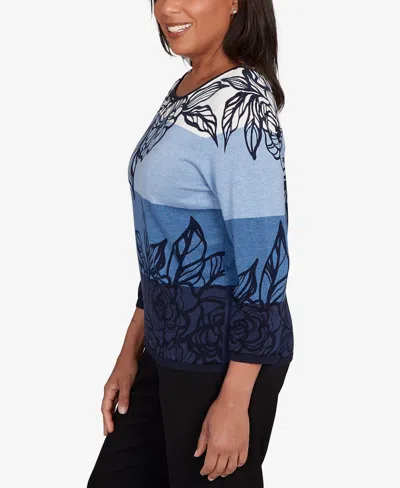 Alfred Dunner Women's Classic Ombre Floral Block Stripe Sweater In Blue