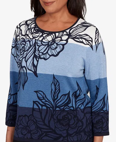 Alfred Dunner Women's Classic Ombre Floral Block Stripe Sweater In Blue