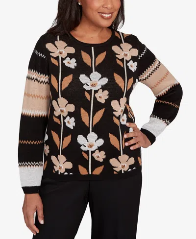 Alfred Dunner Women's Classic Vertical Flower Zig Zag Long Sleeves Sweater In Black