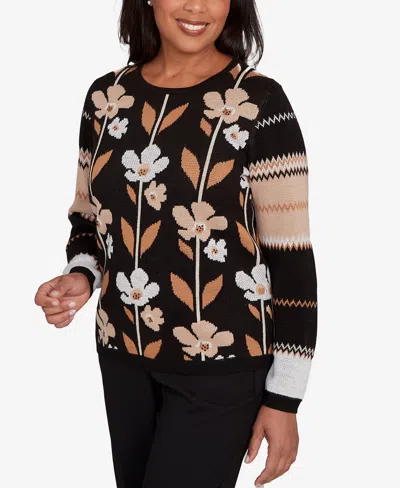 Alfred Dunner Women's Classic Vertical Flower Zig Zag Long Sleeves Sweater In Black