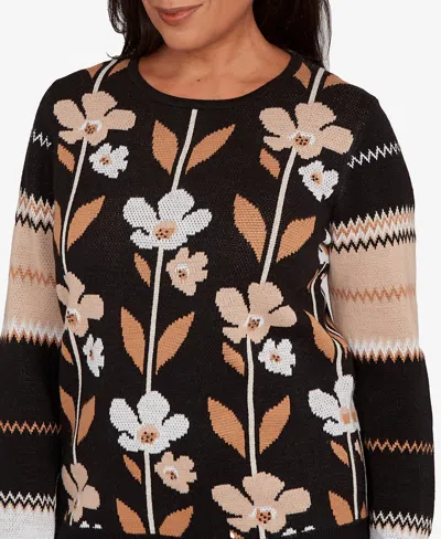 Alfred Dunner Women's Classic Vertical Flower Zig Zag Long Sleeves Sweater In Black