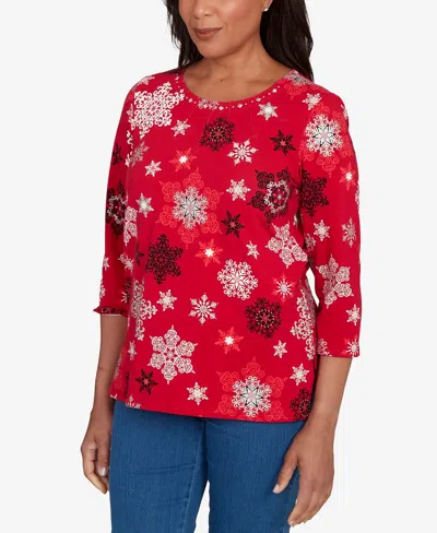 Alfred Dunner Classic Snowflake Infused Top In Red
