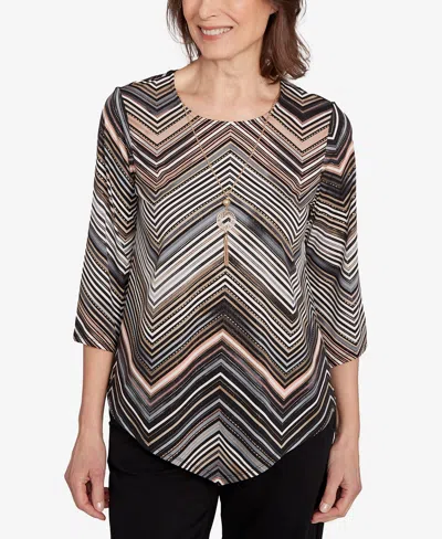 Alfred Dunner Women's Classic Chevron Stripe Top With Necklace In Brown