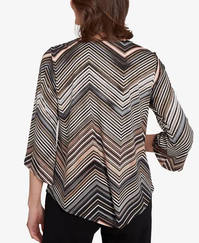Alfred Dunner Women's Classic Chevron Stripe Top With Necklace In Brown