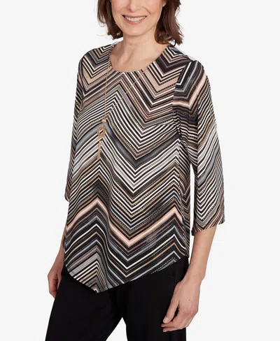 Alfred Dunner Women's Classic Chevron Stripe Top With Necklace In Brown