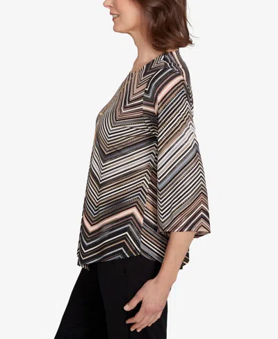 Alfred Dunner Women's Classic Chevron Stripe Top With Necklace In Brown