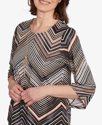 Alfred Dunner Women's Classic Chevron Stripe Top With Necklace In Brown