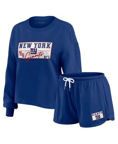 Wear By Erin Andrews Women's 2-piece Royal New York Giants Heavy Rugby Jersey Long Sleeve T-shirt And Shorts Lounge Set In Blue