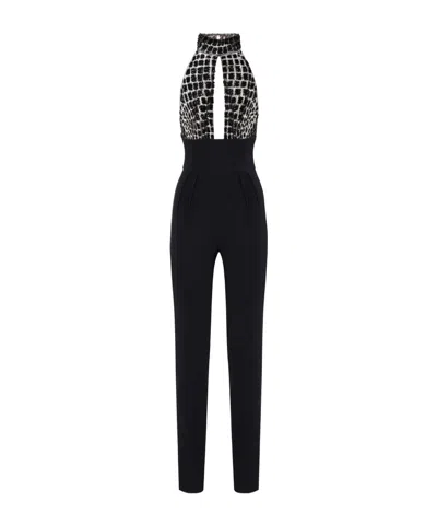 Elisabetta Franchi Black Jumpsuit With Embroidered Bodice And Halterneck In Tech Fabric Stretch Woman In Multi