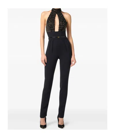 Elisabetta Franchi Black Jumpsuit With Embroidered Bodice And Halterneck In Tech Fabric Stretch Woman In Multi