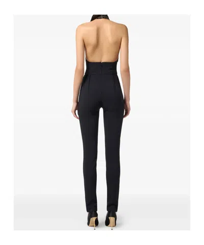 Elisabetta Franchi Black Jumpsuit With Embroidered Bodice And Halterneck In Tech Fabric Stretch Woman In Multi