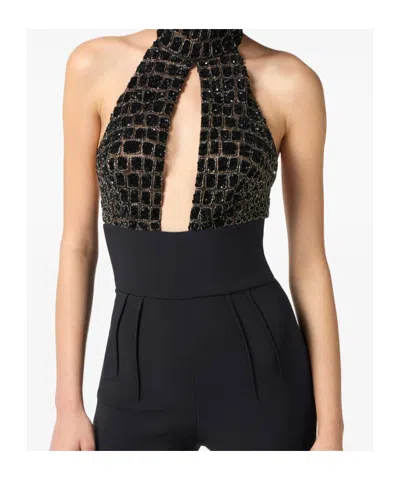 Elisabetta Franchi Black Jumpsuit With Embroidered Bodice And Halterneck In Tech Fabric Stretch Woman In Multi