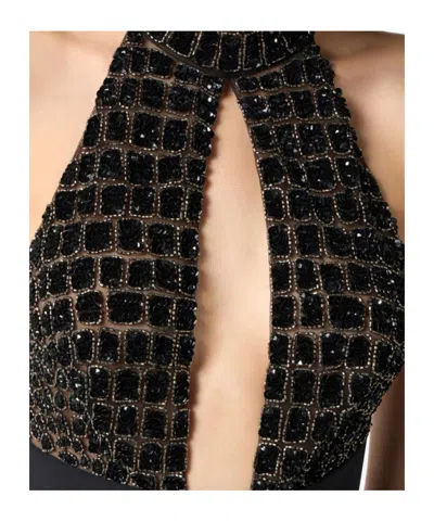 Elisabetta Franchi Black Jumpsuit With Embroidered Bodice And Halterneck In Tech Fabric Stretch Woman In Multi