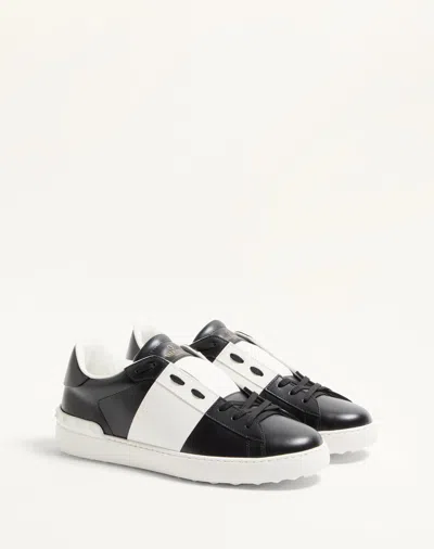 Valentino Garavani Black Leather Open Sneakers With White Band In Multi