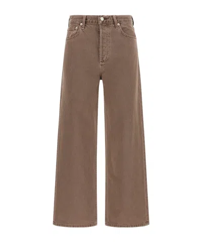 Agolde Wide Leg Denim Trousers With Front And Back Pockets In Brown