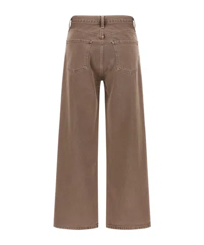 Agolde Wide Leg Denim Trousers With Front And Back Pockets In Brown