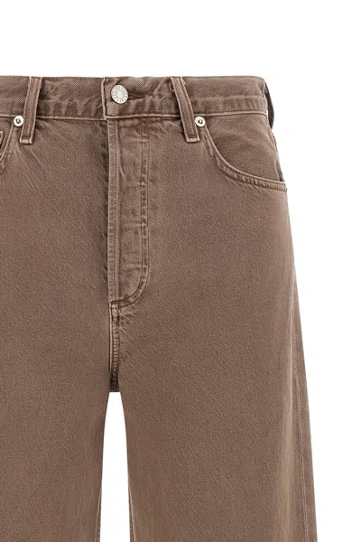 Agolde Wide Leg Denim Trousers With Front And Back Pockets In Brown