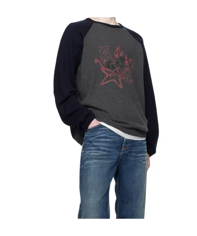 We11 Done Printed Raglan Knit Pullover Sweater In Gray