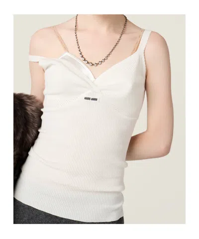 Miu Miu Pointelle V-neck Tank Top In White